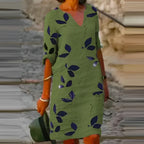 Women's Leaf Print Midi Dress with V-Neck and Three-Quarter Sleeves - Green