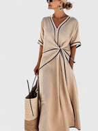 Women's Maxi Dress V-Neck with Contrast Trim and Twist Front - 4