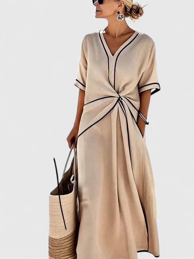 Women's Maxi Dress V-Neck with Contrast Trim and Twist Front - 4