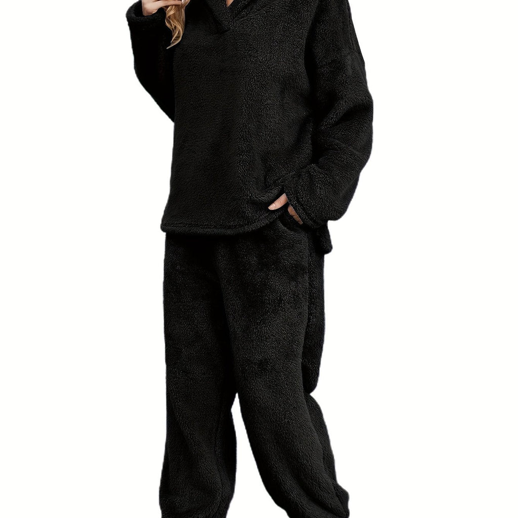 Women's Fleece Loungewear Set Shawl Collar Hoodie Trousers - Black