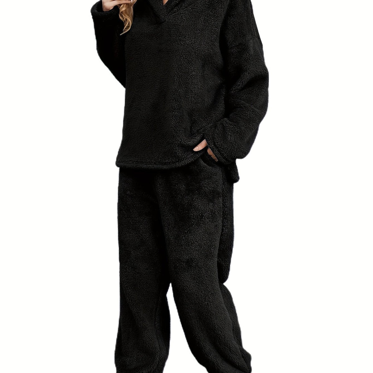 Women's Fleece Loungewear Set Shawl Collar Hoodie Trousers - Black