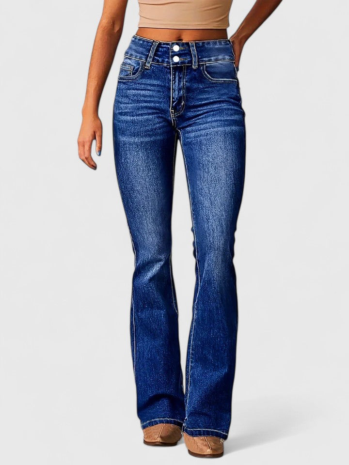 Women's Flared Trousers with Zip Detail and Fitted Hip - Navy Blue