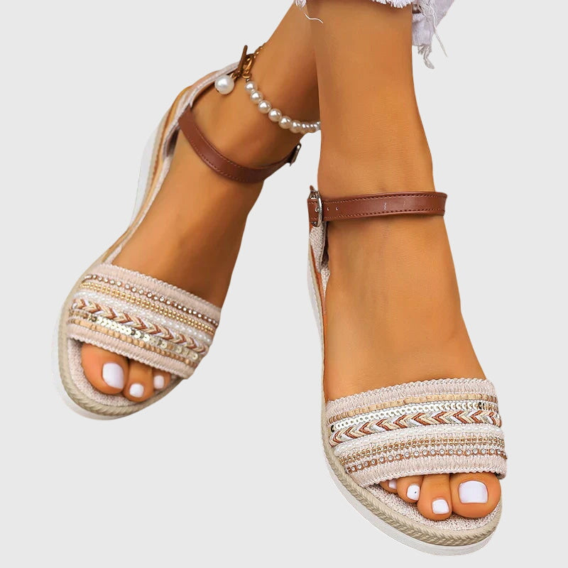 Women's Wedge Sandals with Woven Straps and Ankle Strap - 4
