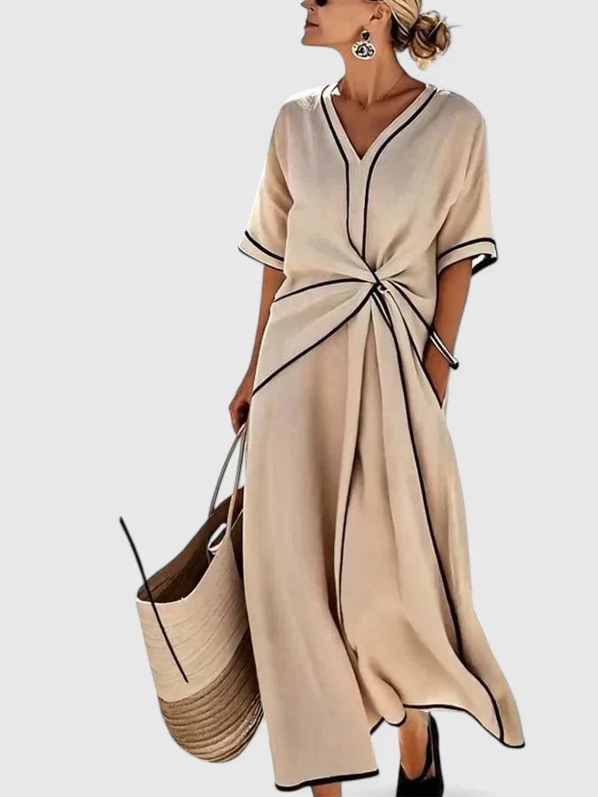 Women's Maxi Dress V-Neck with Contrast Trim and Twist Front - Beige