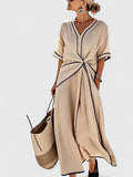 Women's Maxi Dress V-Neck with Contrast Trim and Twist Front - Beige