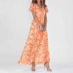 Women's Maxi Dress Floral Print with V-neck and Flutter Sleeves - Orange