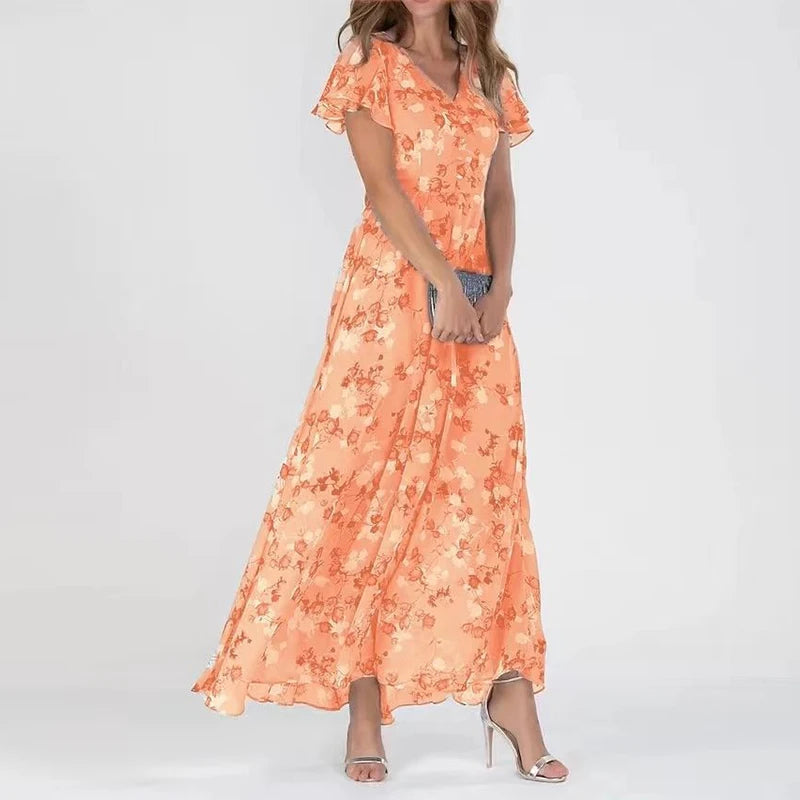 Women's Maxi Dress Floral Print with V-neck and Flutter Sleeves - Orange