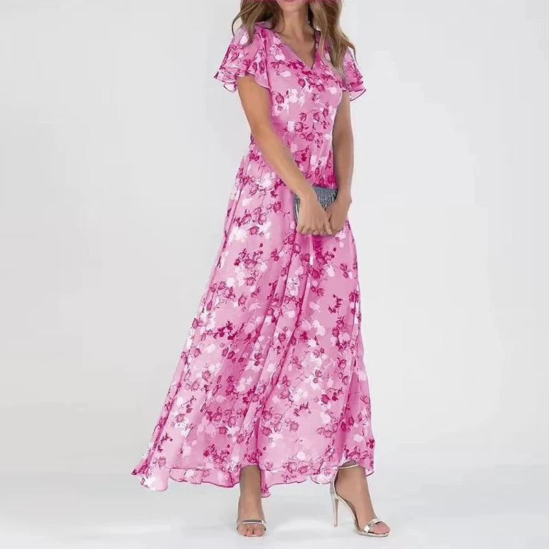 Women's Maxi Dress Floral Print with V-neck and Flutter Sleeves - Pink