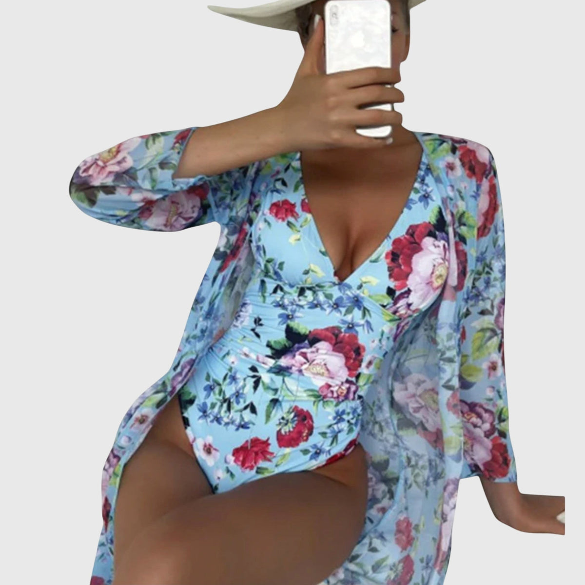Floral Print High-Waisted Bikini Set with Adjustable Straps - Blue