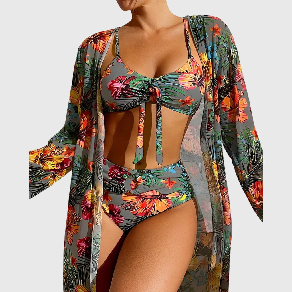 Women's Bikini Set with Tie-Front Top and Halter Neck - Grey