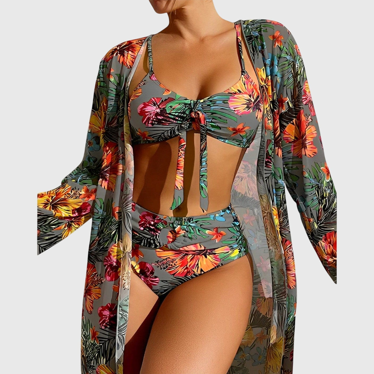 Women's Bikini Set with Tie-Front Top and Halter Neck - Grey