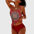 Women's Swimsuit Set with Printed Panel and Strappy Straps - Red
