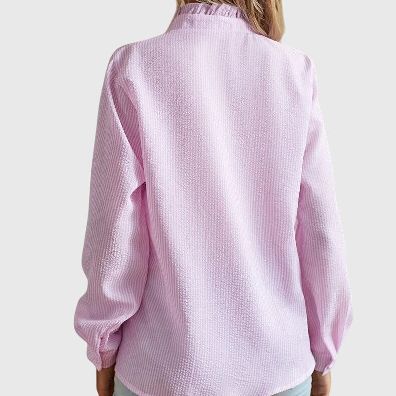 Women's Long Sleeve Blouse with Ruffle Trim and Button Front - 11