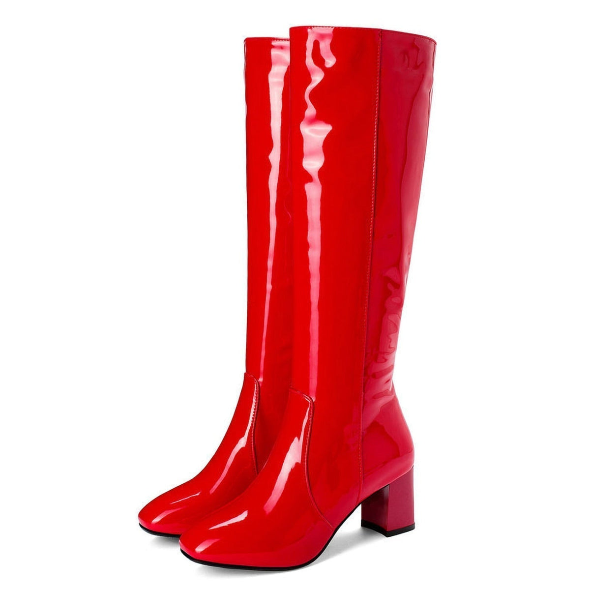Women's Knee-High Boots with Glossy Patent Finish and Block Heel - 4