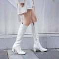 Women's Knee-High Boots with Glossy Patent Finish and Block Heel - White