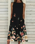 Women's Floral Print Midi Dress Sleeveless with Round Neck and Pockets - Black