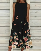 Women's Floral Print Midi Dress Sleeveless with Round Neck and Pockets - Black