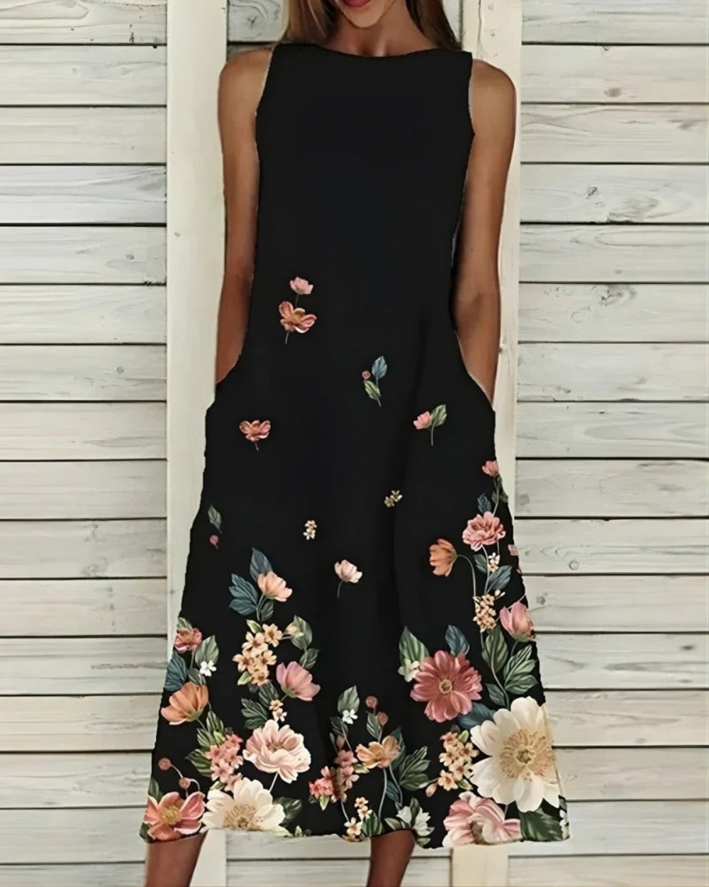 Women's Floral Print Midi Dress Sleeveless with Round Neck and Pockets - Black