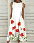 Women's Floral Print Midi Dress Sleeveless with Round Neck and Pockets - Red