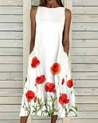 Women's Floral Print Midi Dress Sleeveless with Round Neck and Pockets - Red