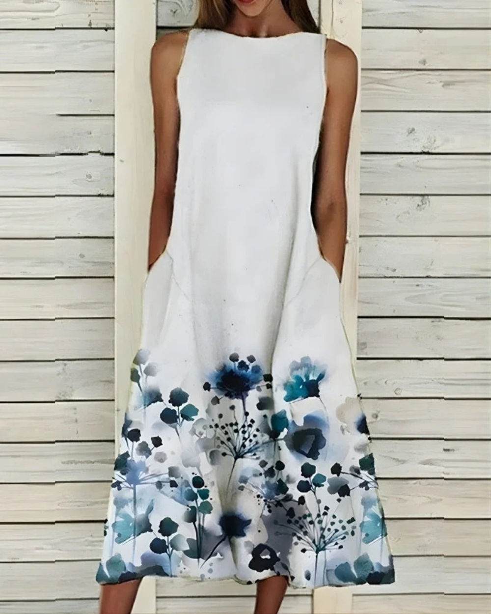 Women's Floral Print Midi Dress Sleeveless with Round Neck and Pockets - Blue