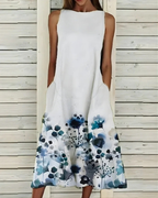 Women's Floral Print Midi Dress Sleeveless with Round Neck and Pockets - Blue