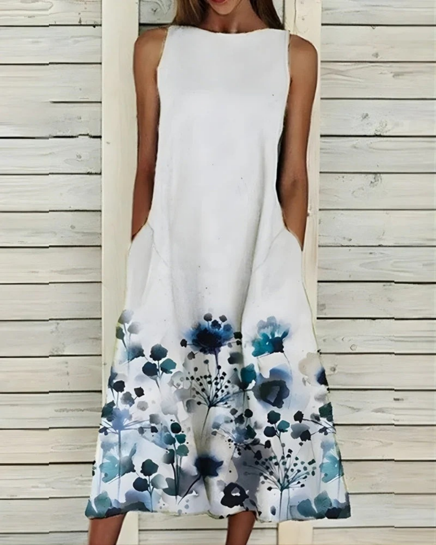 Women's Floral Print Midi Dress Sleeveless with Round Neck and Pockets