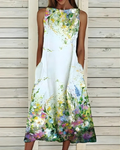 Women's Floral Print Midi Dress Sleeveless with Round Neck and Pockets - Green