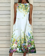 Women's Floral Print Midi Dress Sleeveless with Round Neck and Pockets - Green