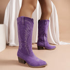 Women's Western Boots with Embroidered Shaft and Block Heel - 12