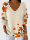 Women's Jumper V-Neck with Long Sleeves and Leaf Print - White