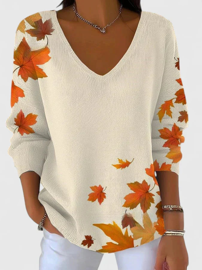 Women's Jumper V-Neck with Long Sleeves and Leaf Print - White