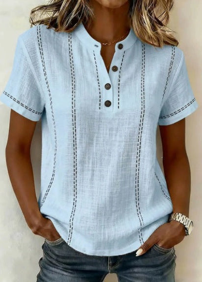 Women's Short Sleeve Blouse with Mandarin Collar and V-Neck Button Front - Light Blue