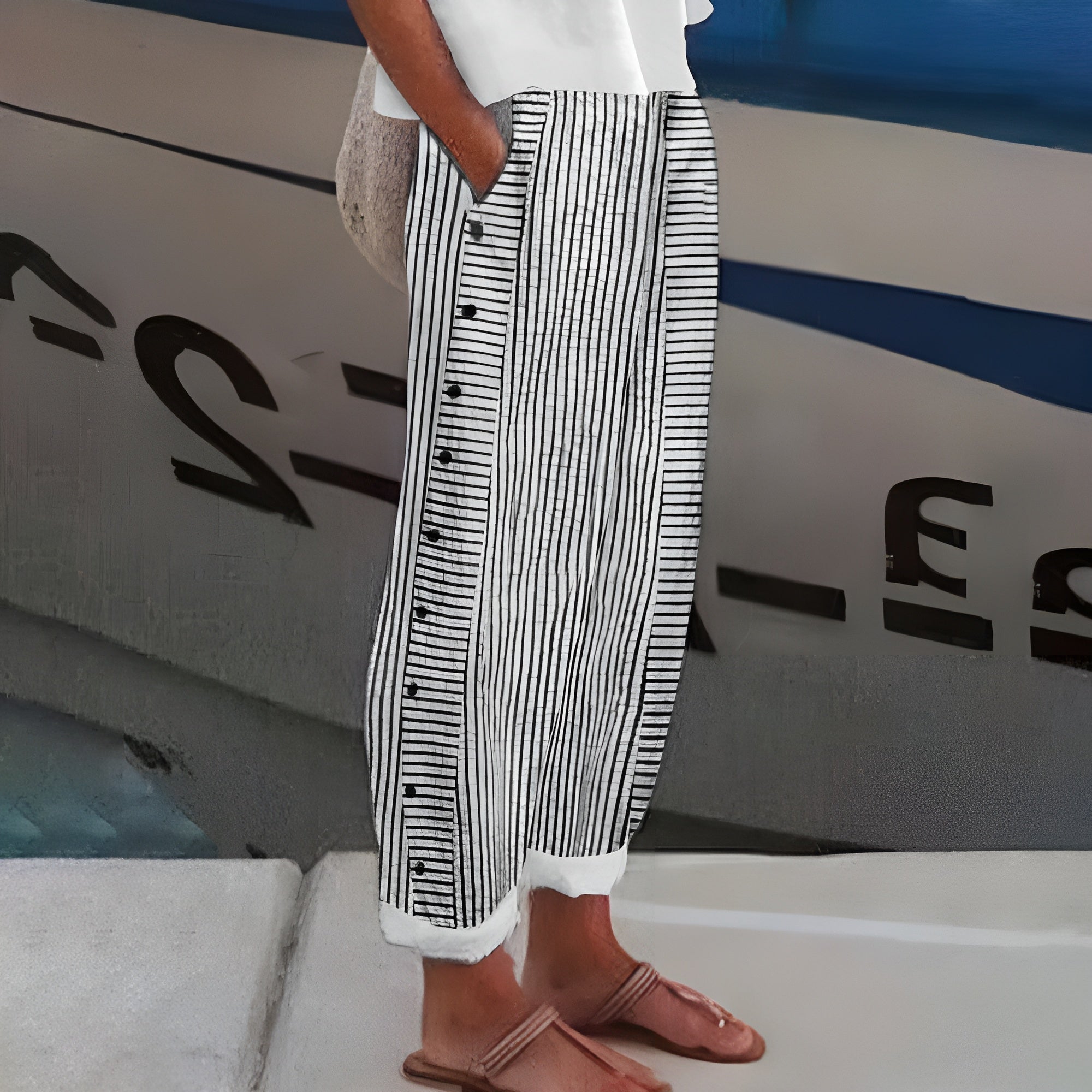 Women Striped Trousers with Side-Button Detail and Pockets - Black
