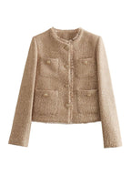 Women's Jacket Collarless with Button Details and Pockets - 2