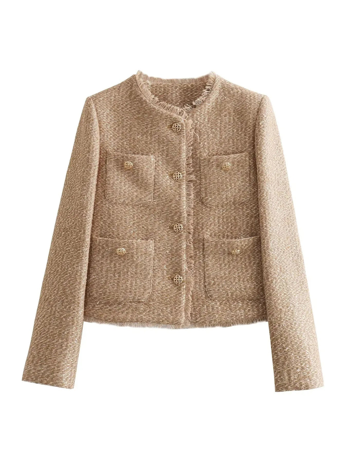 Women's Jacket Collarless with Button Details and Pockets - 2