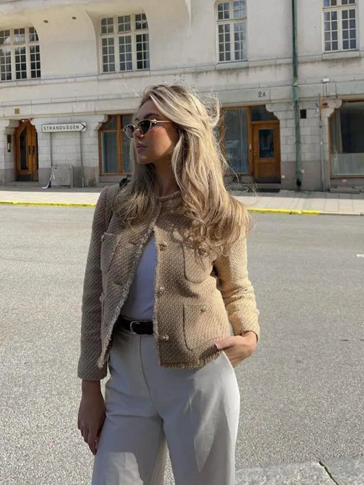 Women's Jacket Collarless with Button Details and Pockets - 3