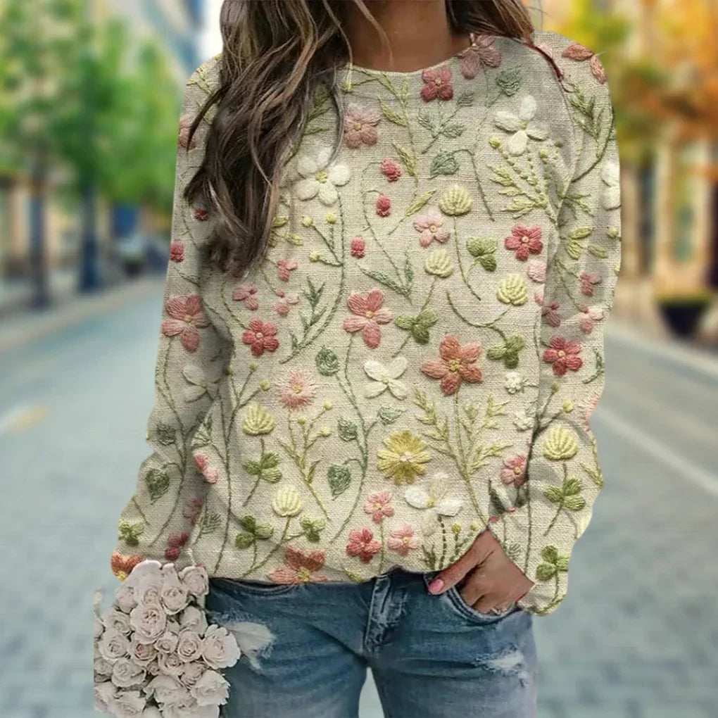 Women's Embroidered Floral Sweatshirt with Crew Neck