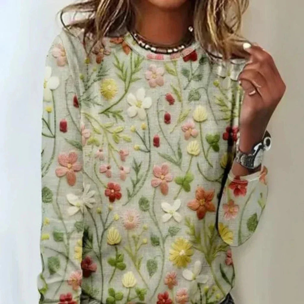 Women's Embroidered Floral Sweatshirt with Crew Neck - 3