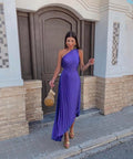 Women's One-Shoulder Pleated Maxi Dress with Asymmetric Hem - Purple