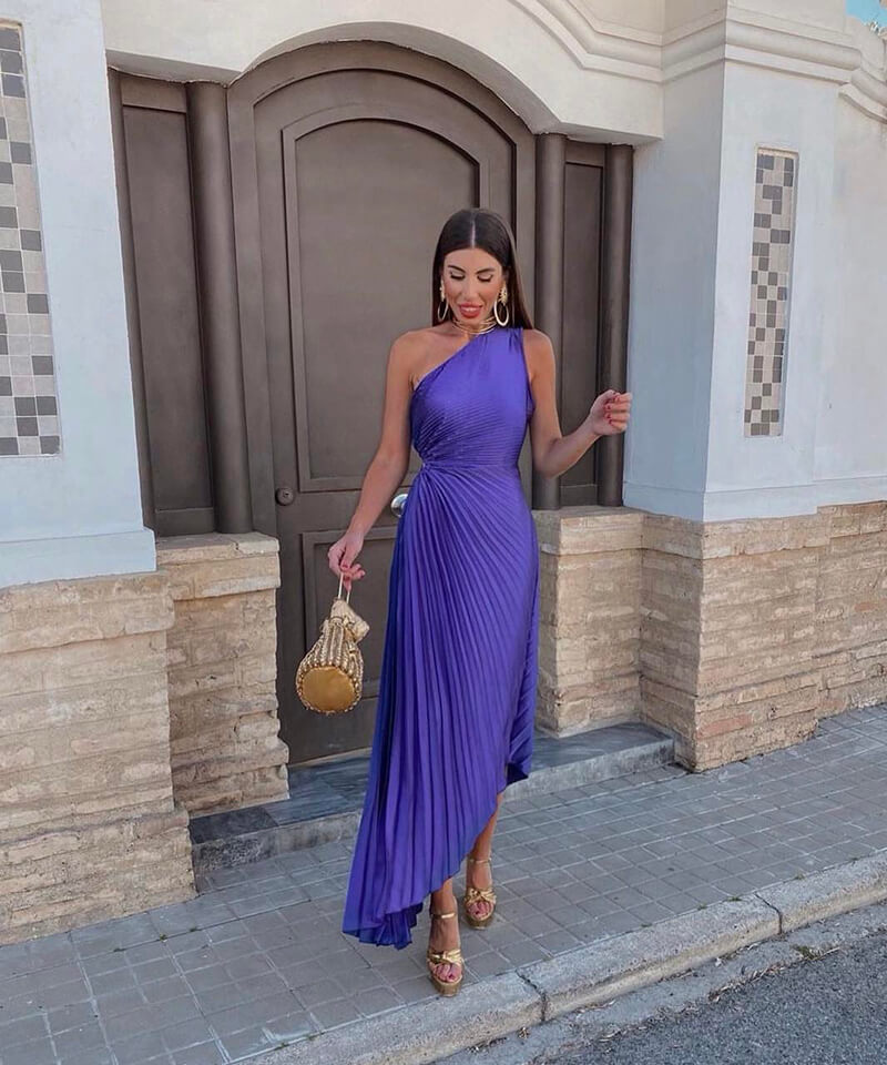 Women's One-Shoulder Pleated Maxi Dress with Asymmetric Hem - Purple