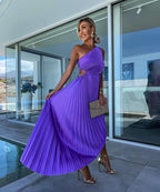 Women's One-Shoulder Pleated Maxi Dress with Asymmetric Hem - 7