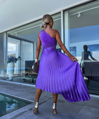 Women's One-Shoulder Pleated Maxi Dress with Asymmetric Hem - 6