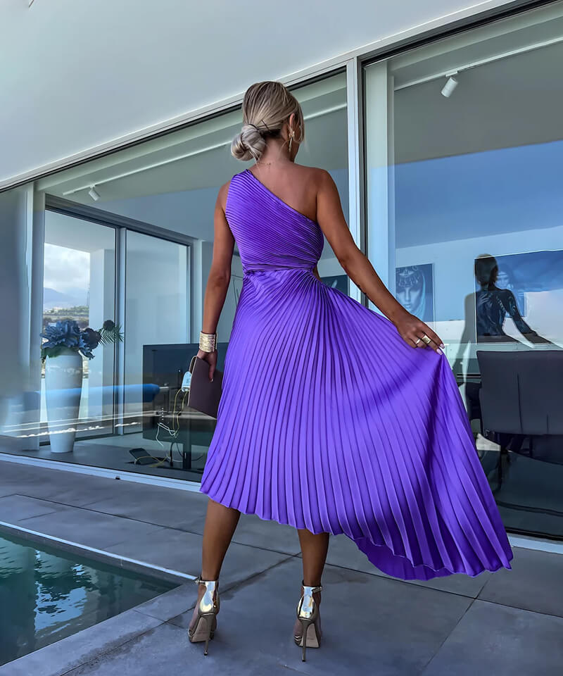 Women's One-Shoulder Pleated Maxi Dress with Asymmetric Hem - 6