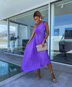 Women's One-Shoulder Pleated Maxi Dress with Asymmetric Hem - 5