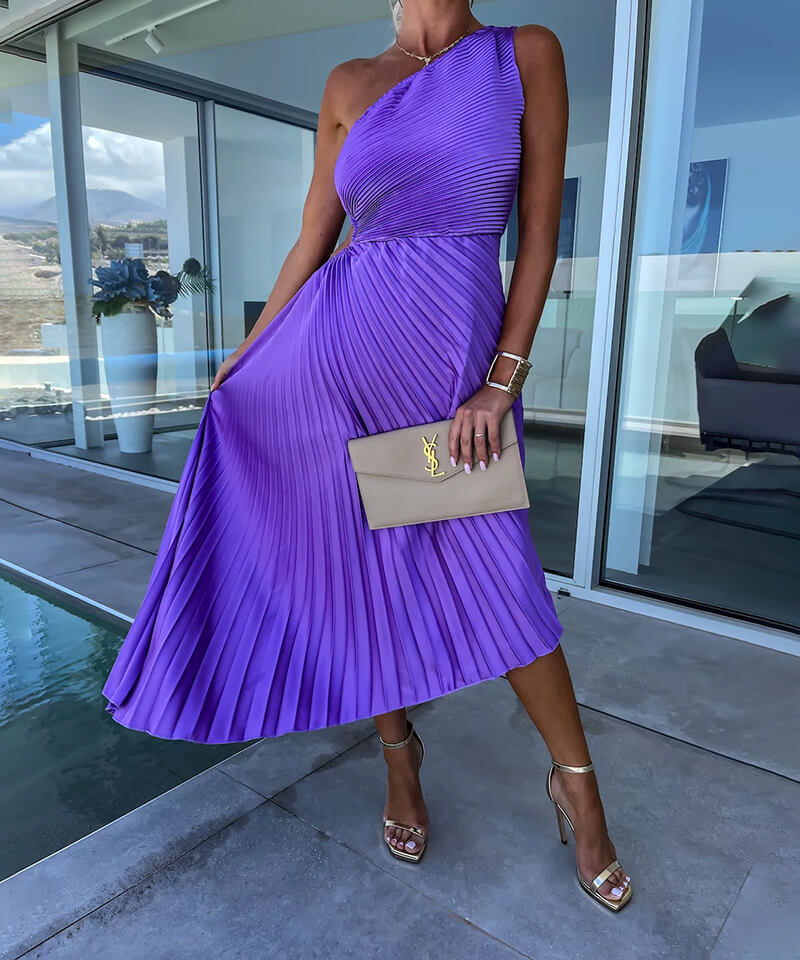 Women's One-Shoulder Pleated Maxi Dress with Asymmetric Hem - 4