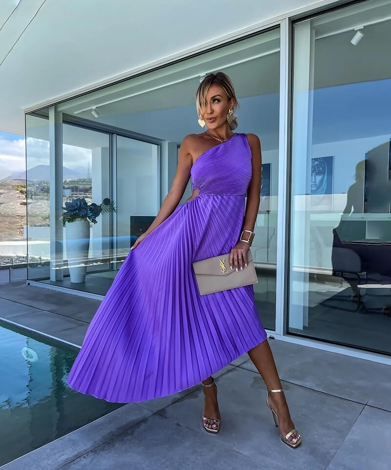 Women's One-Shoulder Pleated Maxi Dress with Asymmetric Hem - 3