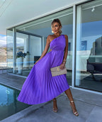Women's One-Shoulder Pleated Maxi Dress with Asymmetric Hem - 3
