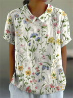 Women's Blouse Puff Sleeve with Collar and Floral Embroidery - White with Flowers