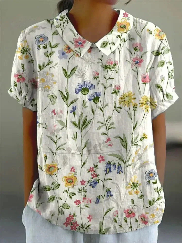 Women's Blouse Puff Sleeve with Collar and Floral Embroidery - White with Flowers